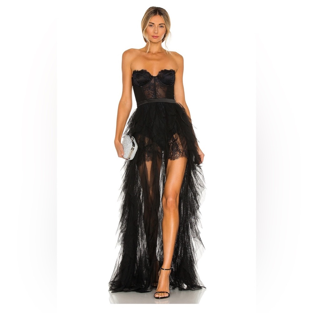 X Revolve For Love & Lemons Black Strapless High-Low Lace Tulle Gown